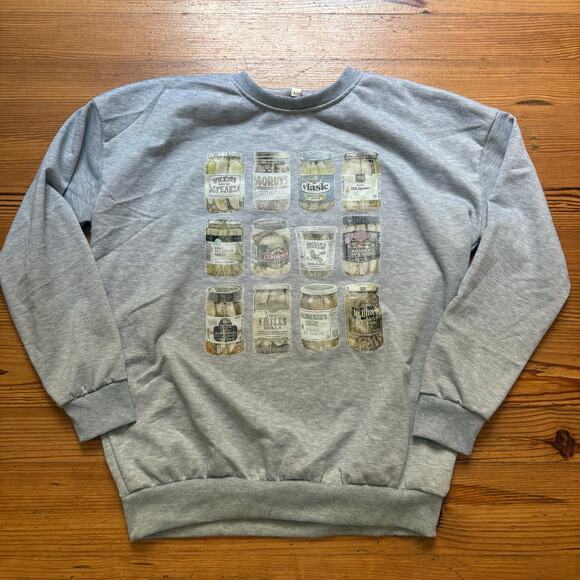 SHEIN Tops - Shein light gray pickle jars graphic crew womens sweatshirt SIZE‎ L